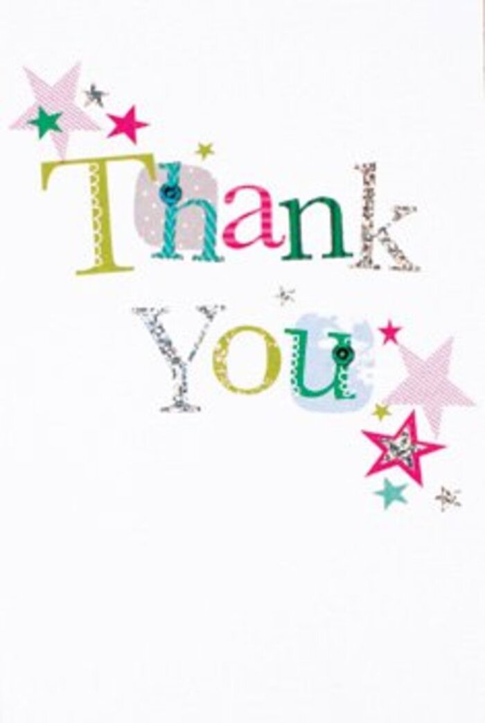 Graceful yet brimming with quiet energy, this thank you card feels as if it was designed to express universal warmth-rooted in the welcoming spirit of Kenton. Each letter in 'Thank You' is styled with its own personality: some are accented by playful polka dots and whimsical curves, while others adopt a more elegant, musical script. This gently exuberant lettering is offset by clusters of vibrant stars-sparkling pink stripes, deep turquoise, and metallic silver-collecting around the message, enhancing the feeling of celebration reminiscent of family picnics in Woodcock Park. The modern composition and crisp white background bring an airy sense of space, ensuring every colourful note has room to shine. Never too formal, never too relaxed, this card's design bridges the gap between heartfelt and stylish. Envision it paired with a fresh arrangement-a gesture as uplifting as receiving unexpected flowers on a Kenton doorstep. Its warmth lingers, providing a tangible reminder of kindness, as enduring as the memory of a friend's thoughtful thanks under the chestnut trees lining Elton Avenue.