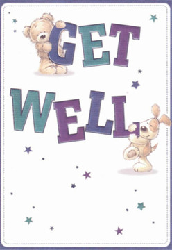 In this lovingly illustrated get well card, a sweet teddy and a lively puppy create a scene full of hope and cheerful encouragement, much like the friendly spirit of Kenton's neighbourhoods. The teddy-chubby, soft, and comforting-rests atop the bold 'GET,' while the playful dog, with gentle eyes and floppy ears, nurtures the word 'WELL' just below. Their intertwined gestures and expressive faces radiate sincere affection, reminiscent of kind encounters in Kenton High Road. Muted purples, aquas, and teal burst colorfully through the bold lettering, bringing depth and visual interest to the card. Around them, shimmering blue and violet stars are scattered, hinting at the magic of heartfelt wishes exchanged between friends in the local community. The crisp white background, like the serene calm of a morning stroll in Woodcock Park, offers a sense of cleanliness and hope, a reminder that healing is always close at hand. Every detail, from the tactile softness of the bear's fur to the gentle shine of the puppy's coat, feels carefully considered, mirroring the thoughtful way a bouquet is composed for a loved one. This card's light-heartedness and tenderness make it an ideal way to send comfort, nurturing both heart and spirit.